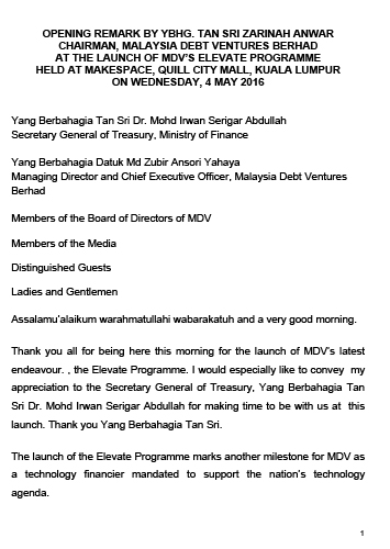 Speech by YBhg Tan Sri Zarinah Anwar at Launch of MDV's Elevate Programme