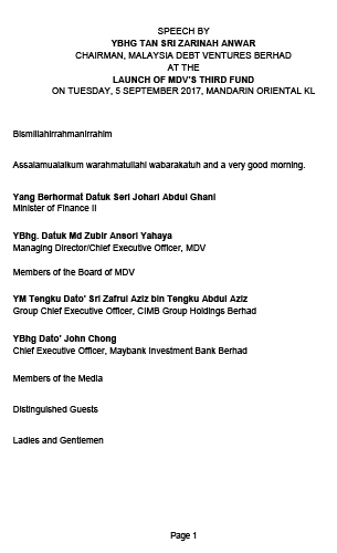 Speech by YBhg Tan Sri Zarinah Anwar at Launch of MDV's Third Fund